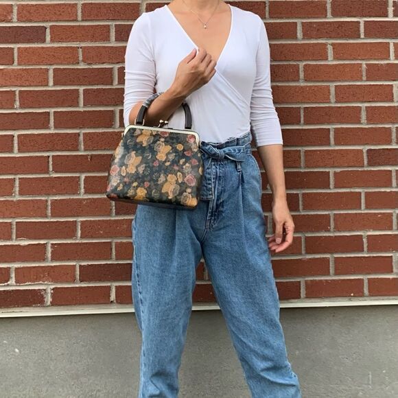 Handmade Genuine Leather Floral Print, Top Wood Handle Bag & Small Clutch Set - Picture 4 of 16